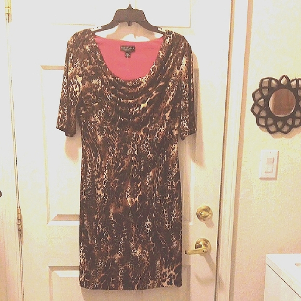 Connected Apparel Brown and Tan Sheath Dress Cowl Neck 3/4 Sleeve